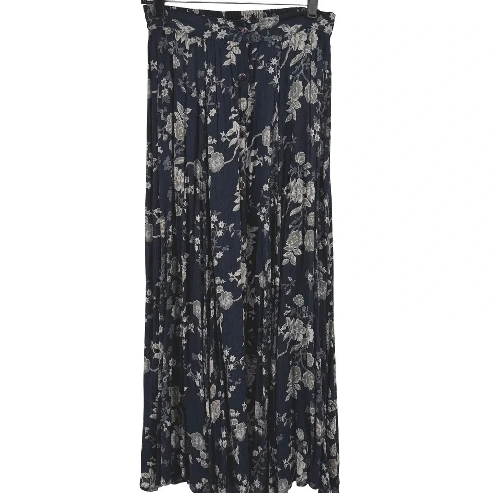 NWT Revue Womens Navy Floral Rayon Button Front Crinkle Maxi Skirt Sz M Boho Vtg